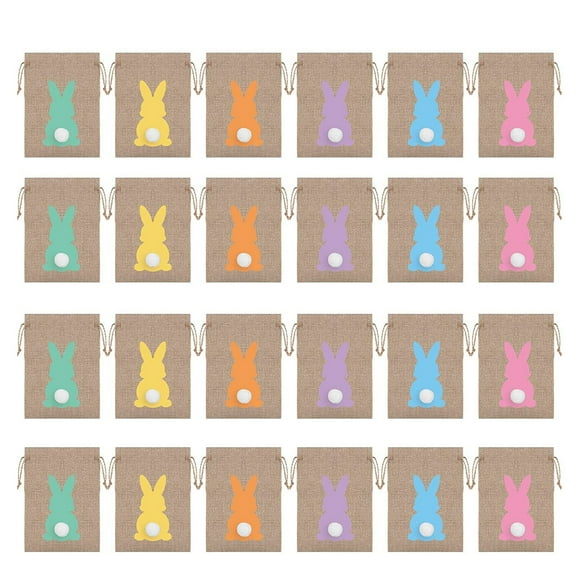 24Pcs Easter Candy Bags Unique Pattern Large Capacity Wear Resistant Non-Fading Mini Tail Design Linen Easter Rabbit Chocolate Candy Gift Storage Bags Party Supplies
