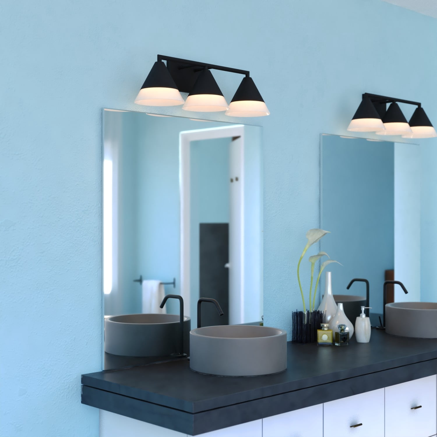 Winthrop 3-Light 25.25 in. Wide Matte Black Modern Contemporary Bathroom Vanity Lighting Fixture, Etched White Cone Glass Shade, Dimmable, LED Compatible, Over the Mirror Mounted Metal Wall Sconce