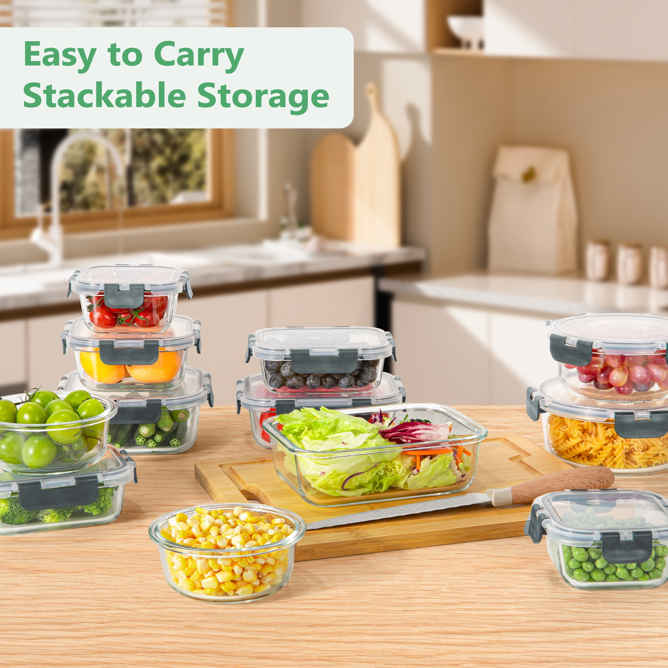 GPED 34-Piece Glass Food Storage Container Set, Glass Meal Prep Containers with Snap-Locking Lids, Glass Lunch Box, Airtight Bento Box, for Microwave, Oven, Freezer, and Dishwasher Safe, Gray