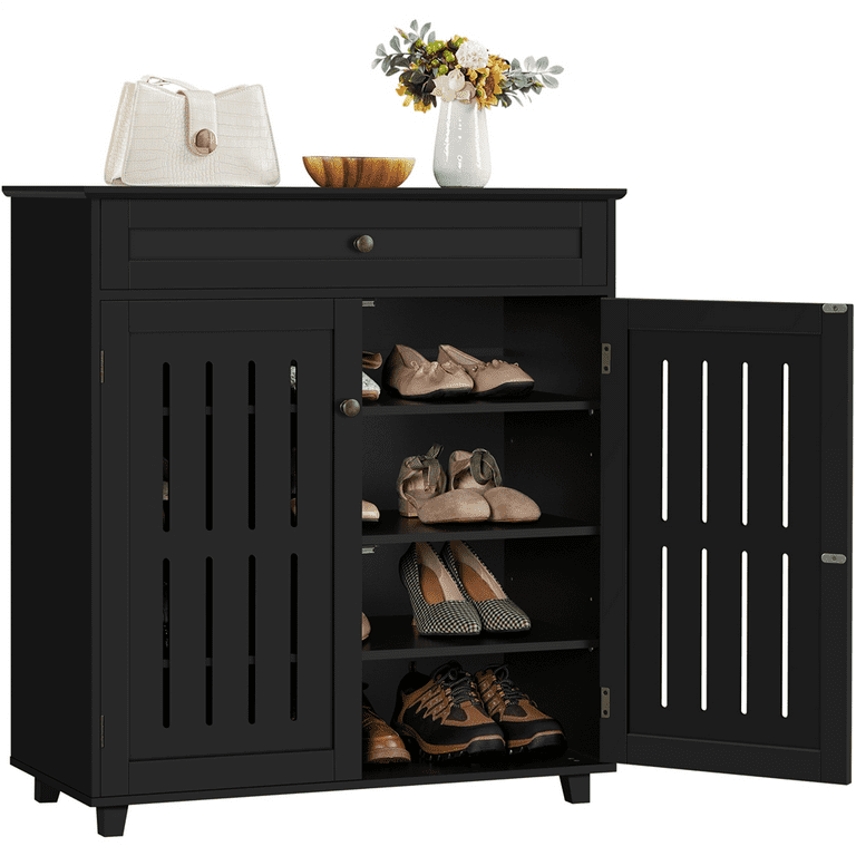 47.2 in. H x 39.4 in. W Black Wood 4-Door Shoe Storage Cabinet with Drawer and Open Shelf, Shoe Cabinet for Entryway