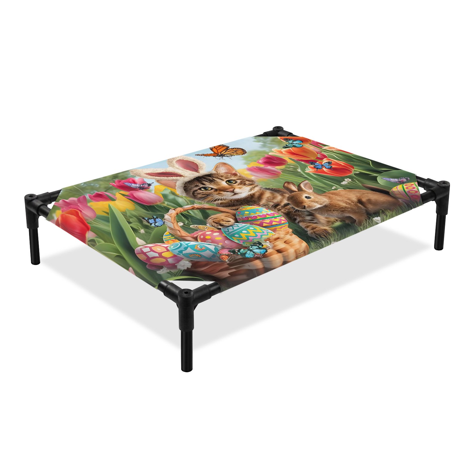 Easter Elevated Dog Bed Spring Cat Rabbit Butterfly Basket Eggs Floral Cooling Breathable Outdoor Raised Dog Cot Bed with Metal Frame Non-Slip Feet for Medium Dog 24x20in
