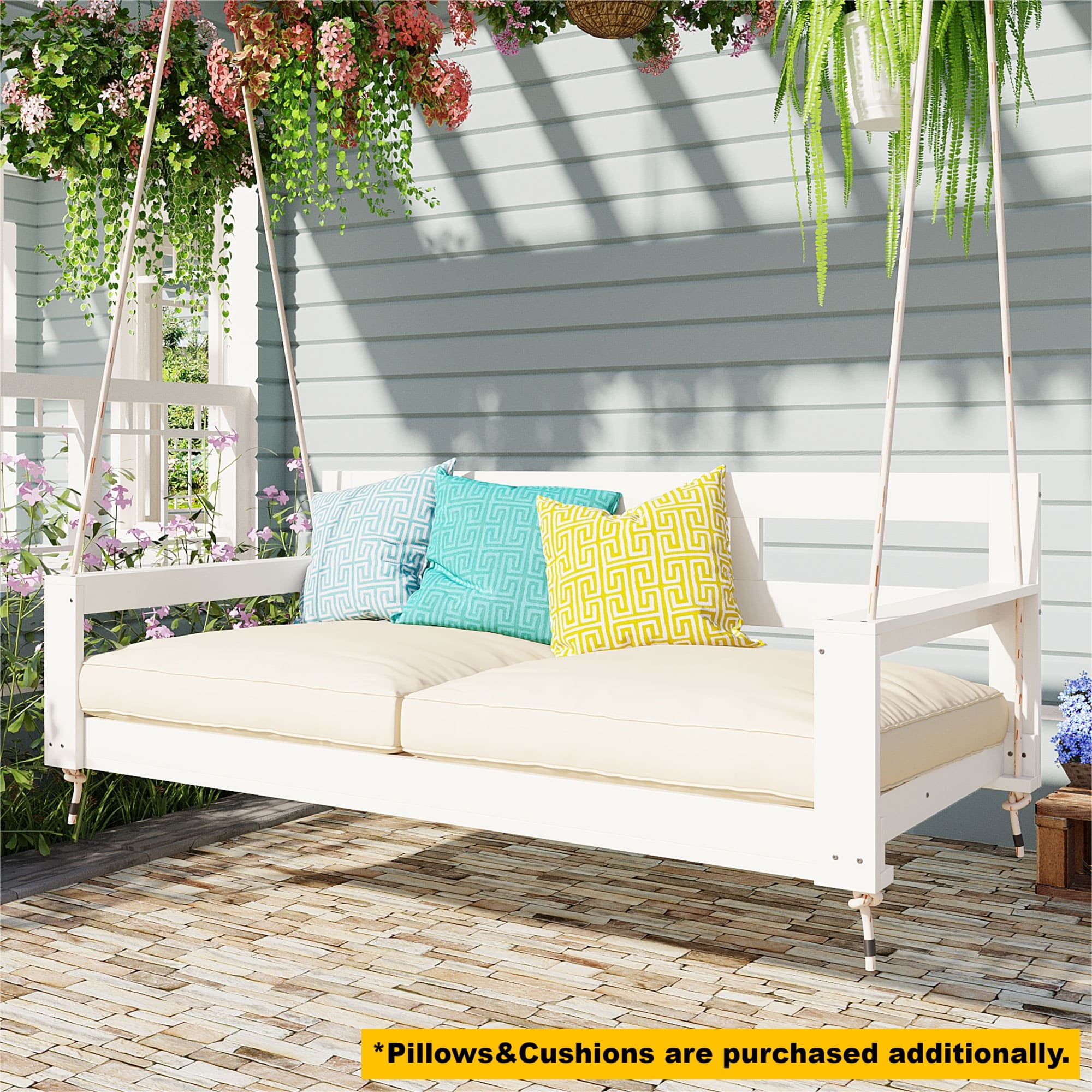 Euroco Acacia Wood Farmhouse Swing Bed with Hemp Rope Suspension, 350lbs Capacity, Twin Size, Easy Assembly, Cushions Not Included
