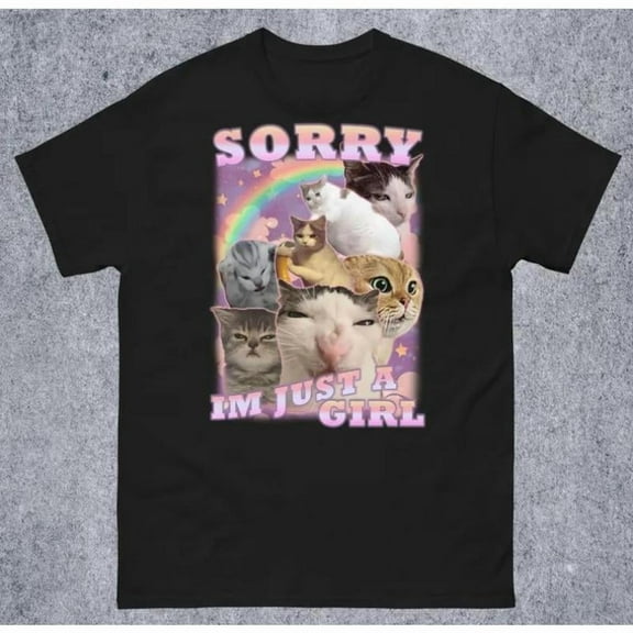 "Sorry I'm Just A Girl" Whimsical Cat Graphic Tees featuring Multi - Cat Meme Print T - shirts Comfortable Short Sleeve Tops Great For Daily Casual Wear