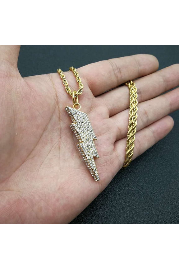 Hip Hop Bling Lightning 14K White Gold Pendants Necklace with zircon Chain For Men/Women Iced Out Bling Jewelry