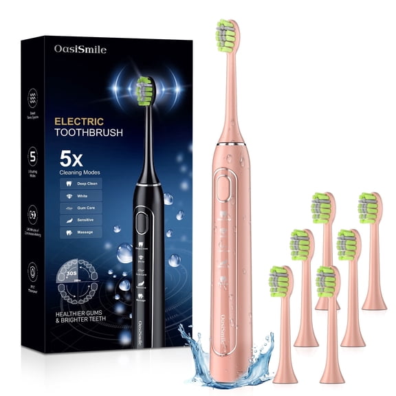 OasiSmile Sonic Electric Toothbrush for Adults and Kids, 5 Modes 42000 VPM Rechargeable Travel Power Toothbrushes with 6 Brush Heads, 90 Days Battery Life, Rose Gold