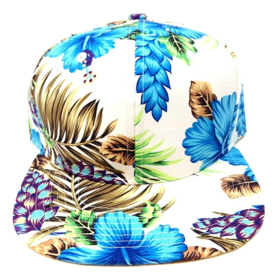 White & Blue Hibiscus Hawaiian Floral Print Snapback