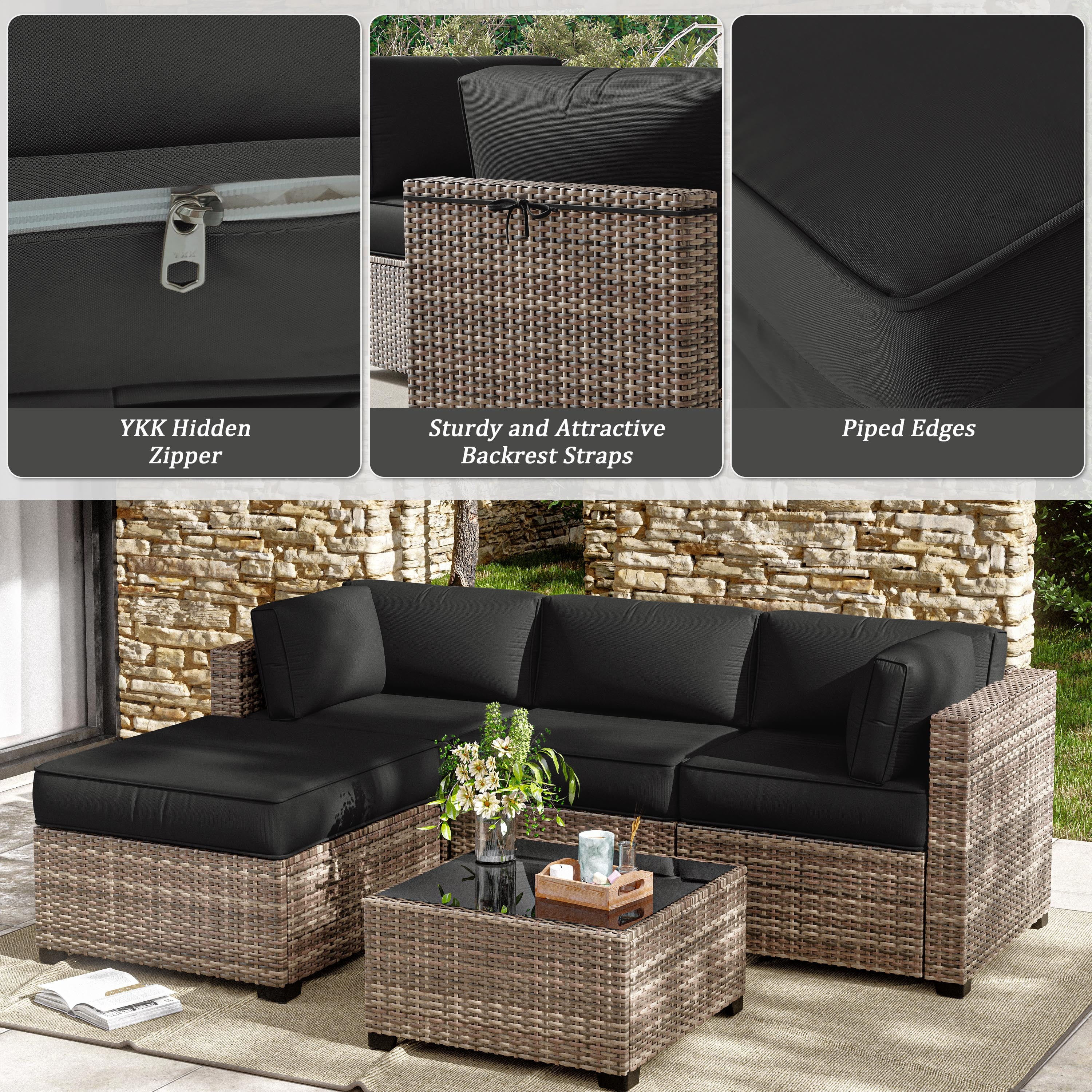 Kimunuk 9Pcs Outdoor Slipcovers for Cushions, Waterproof Patio Cushion Replacement Covers with Zipper for 4-Seat Patio Furniture Set, Black