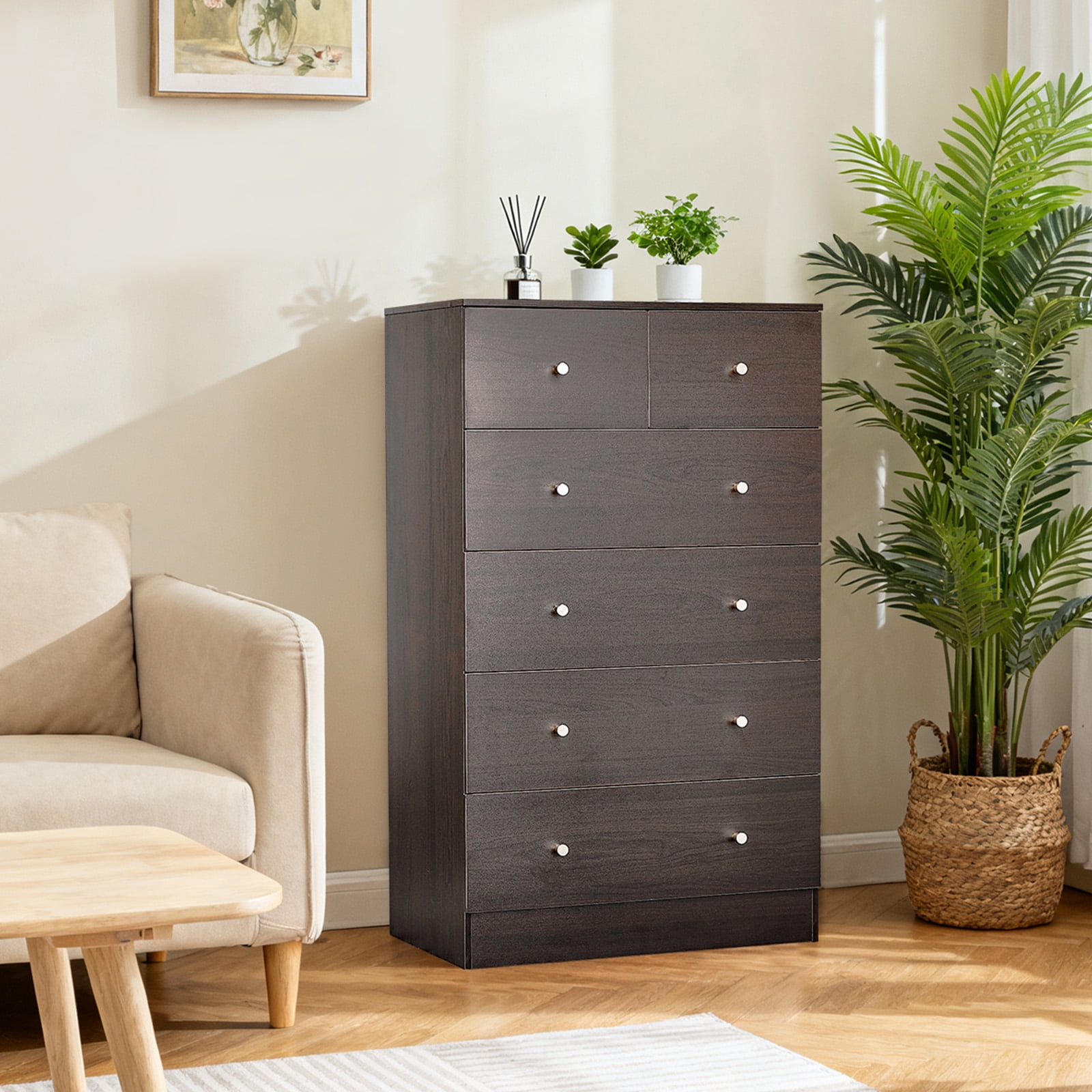 6-Drawer Cabinet, Matte Gold Handles Textured Melamine Particleboard Cabinet, Tall Space-Saving Storage Organizer for Bedroom Home Office Living Area