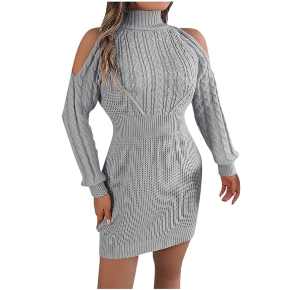 Oplxuo Women's Cold Shoulder Sweater Dress, Sexy Turtleneck Fall Winter Long Sleeve Cable Knit Bodycon Mini Dresses