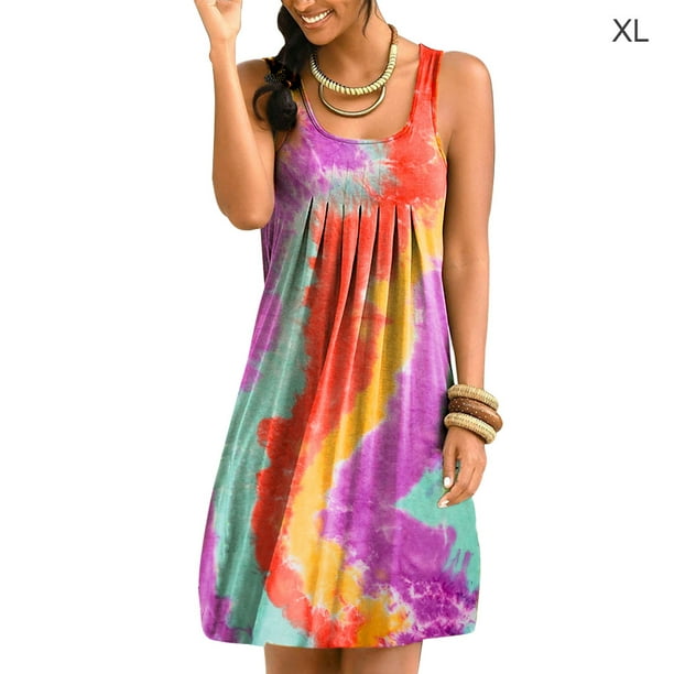 Vestido corto con estampado de teñido anudado Vestido plisado sin mangas, Morado Gris, XL Advancent AP002087-12
