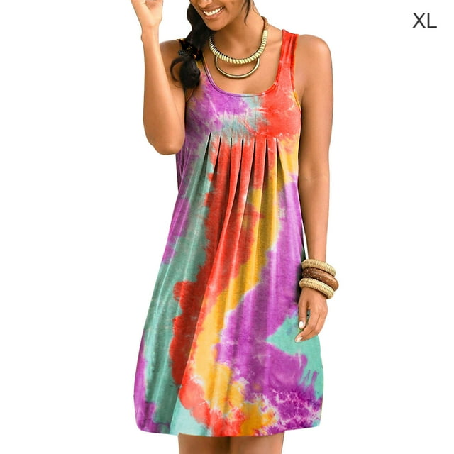 Robe Courte Imprimé Teinture sur Nœuds Sans Manches Plissée, Violet Gris, TG