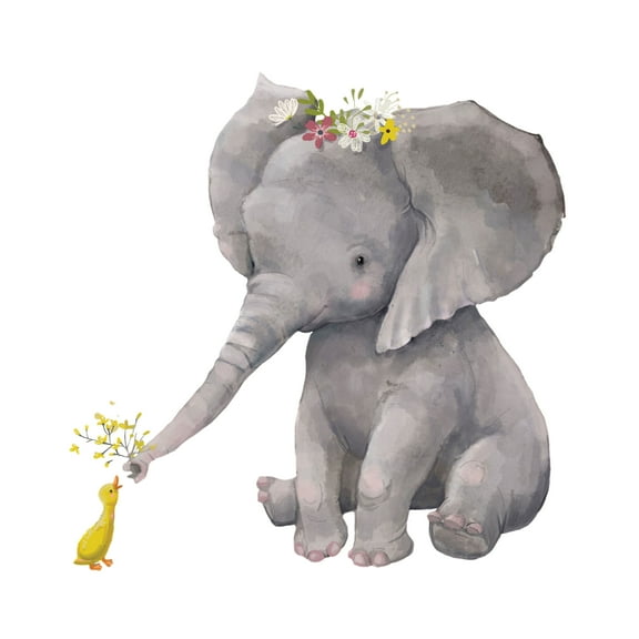 ELEPHANTS - Multicolored Watercolor Painting Kids Bedroom Decoration Young Elephant Duckling & Stars Design Vinyl Home Wall Decal Sticker 20" x 20"