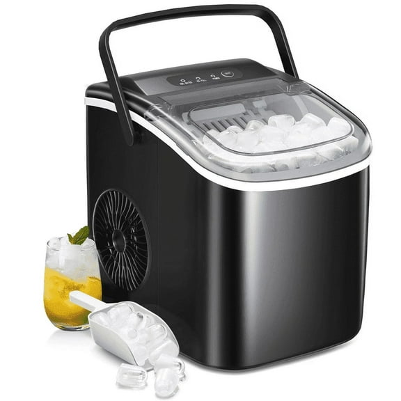 Electactic Countertop Ice Maker Self-Cleaning Portable Ice Maker Machine with Handle 9 Bullet-Shaped Ice Cubes Ready in 6 Mins 26Lbs/24H with Ice Scoop and Basket for Home Kitchen Party (Black)
