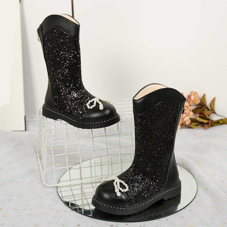 CXYYY Black Sparkly Leather Boots for Girls Winter Trendy Bow Mid