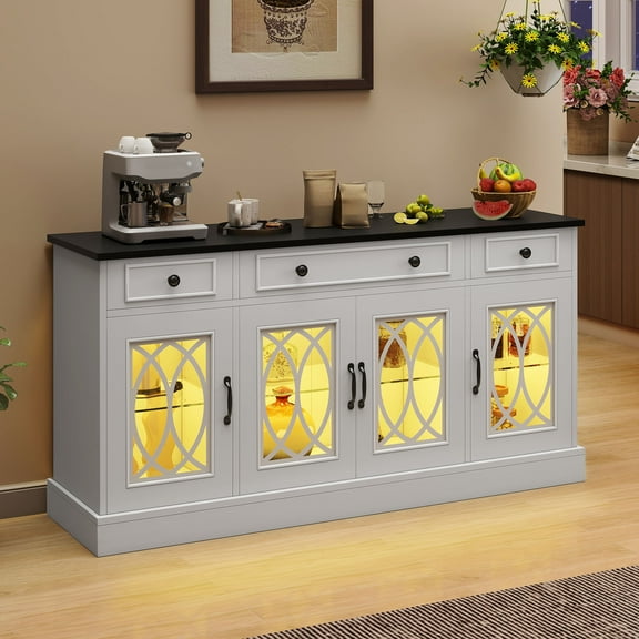 Uforic Buffet Cabinet with LED, 3 Drawers & Tempered Glass Shelves for Kitchen & Dining Room, Beige/Black