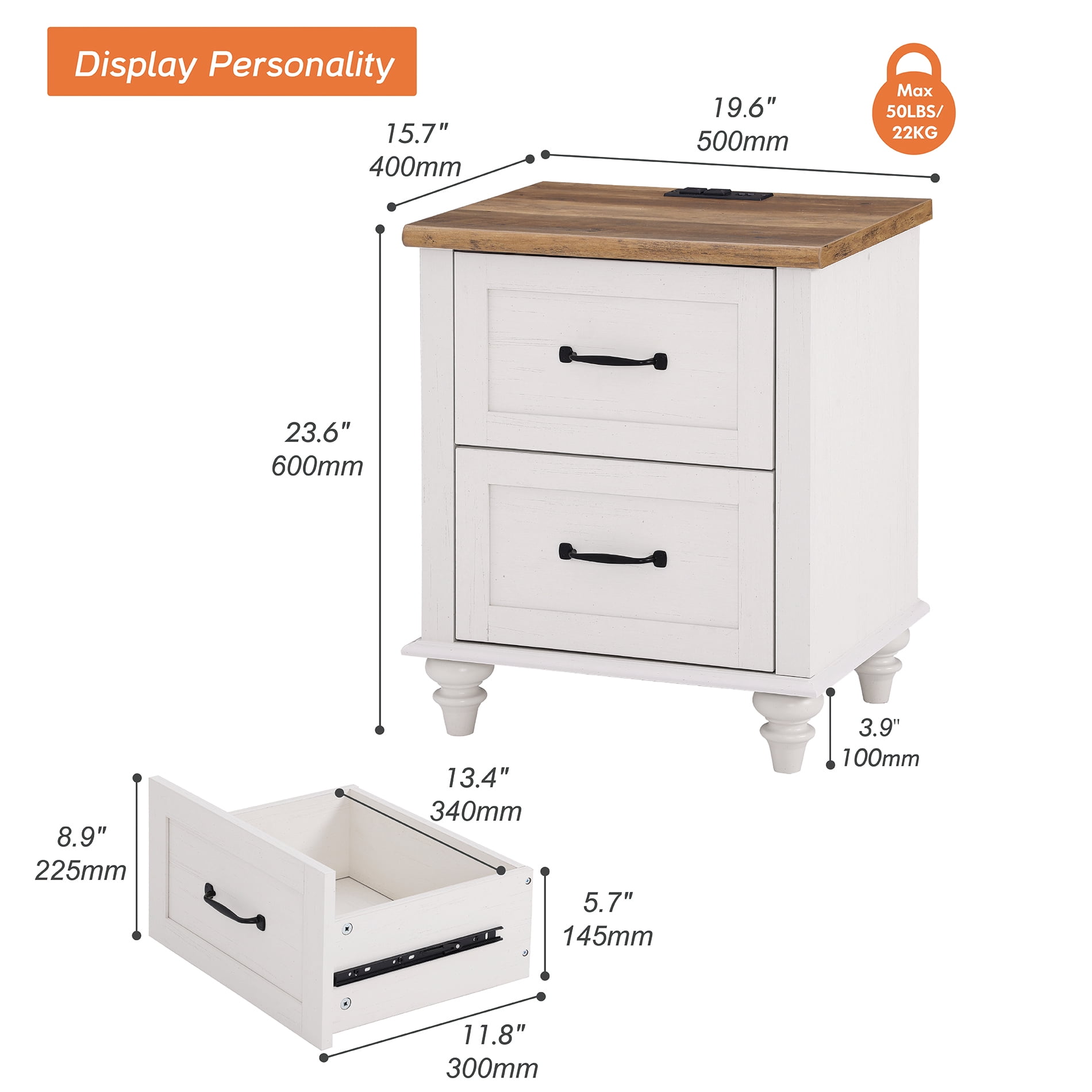 White Side Table with Charging Station for Living Room, Mid Century Nightstand for Bedroom Kids room