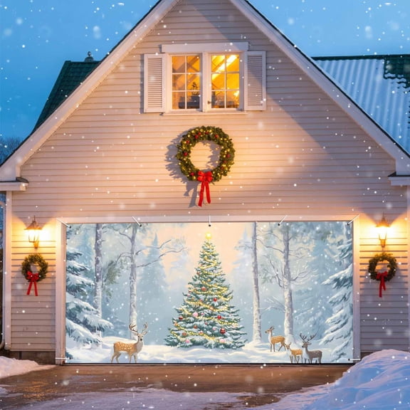 Christmas Tree Forest Christmas Garage Door Decorations, 6x13ft Garage Door Cover Banner with Grommets, Outdoor Garage Door Backdrop Mural for Holiday Party Wall Decor, Deer Winter Snowy Forest
