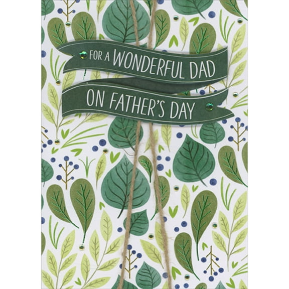 Designer Greetings Curving Green 3D Banner, Gems and Twine Over Falling Leaves Hand Decorated Father's Day Card for Dad