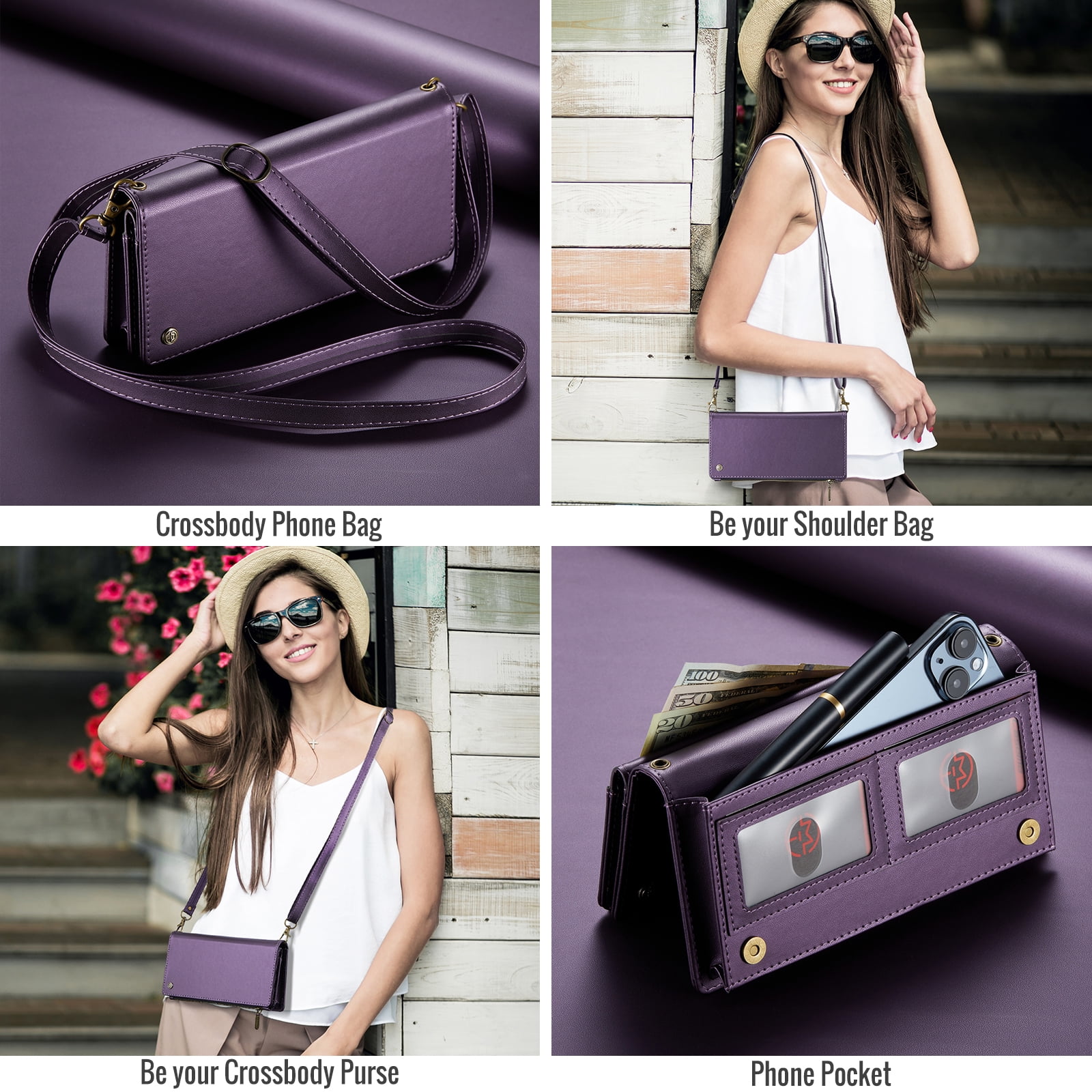 ELEHOLD Phone Bag Wallets for Women Girls,Luxury PU Leather Wallet Bag Crossbody Handbag with Phone Pocket Zipper Pocket Large Capacity Credit Card Holders Wriststrap Shoulder Strap,Purple