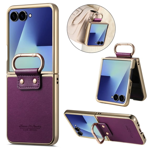 Mynvo for Samsung Galaxy Z Flip 8 Back Cover Case with Grip Ring, PU Leather Hard PC Lightweight Rugged Non-Slip Abti-Fingerprint Shockproof Protective Bumper, Purple