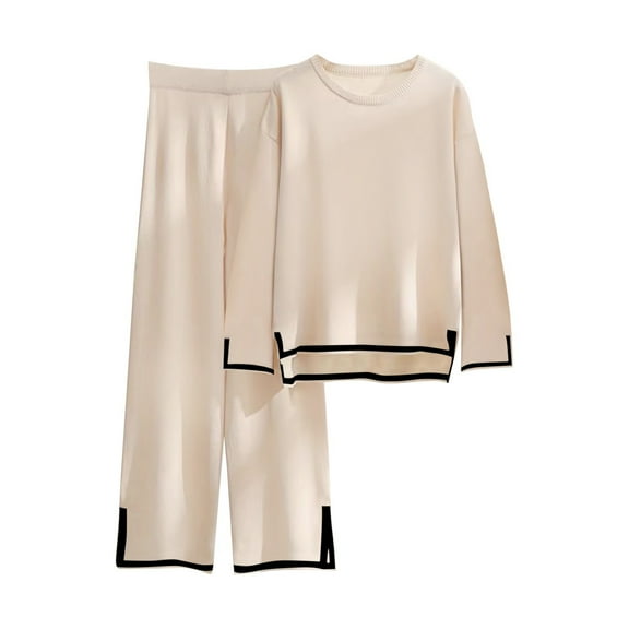 TQWQT Women's 2 Piece Outfits Long Sleeve Knit Sweater Top Wide Leg Pants Lounge Sets Tracksuits Beige M