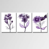 Hieng 3 Piece Purple Flower Canvas Wall Art Abstract Transparent Floral with Butterfly Painting Picture Prints Modern Lavender and White Bathroom Decor Unframed
