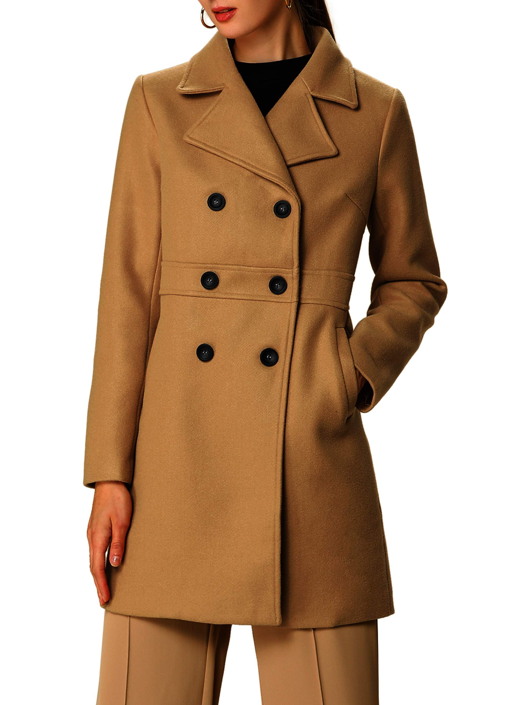Unique Bargains Women S Notched Lapel Double Breasted Long Trench Winter Coat