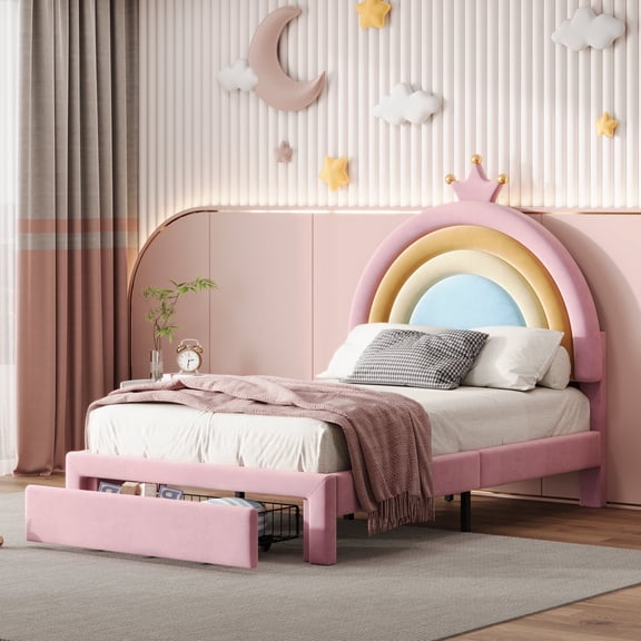 Harper & Bright Designs Twin Size Upholstered Cute Rainbow Design Bed for Boys Girls, Velvet Princess Platform Bed with Storage Drawer, Pink