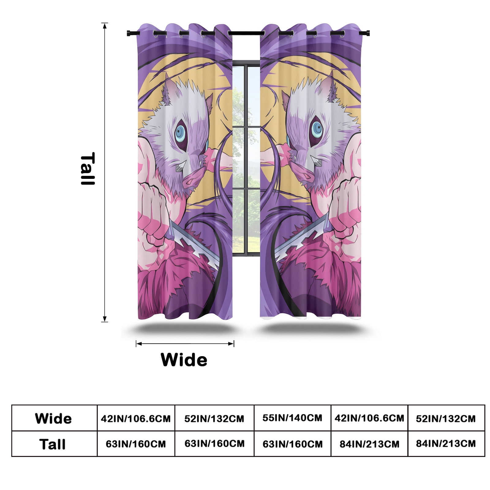 Anime Curtains for Bedroom Drapes Slayer Tanjirou Inosuke Kyoujurou Print Design Window Treatments Curtain Panel Set, 2-Panels, 52" W x 63" L