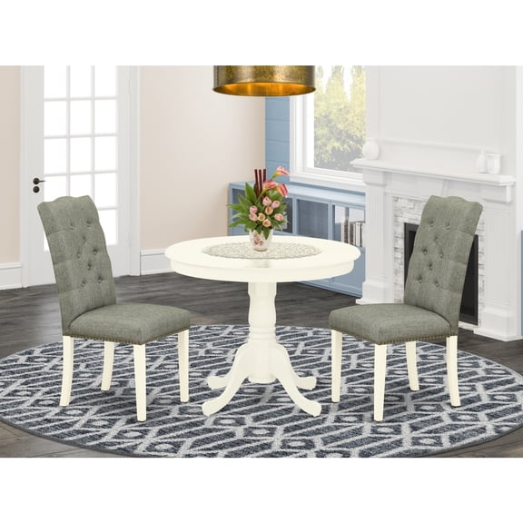 Round Dining Table Set with 2 Parsons Chairs - Linen White Kitchen Table & Dining Room Chairs