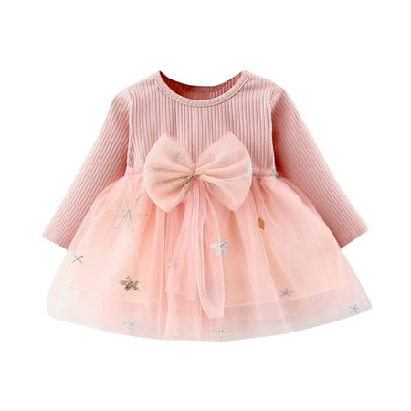 

GWAABD Dresses for Kids Girls Pink Cotton Blend Toddler Kids Baby Girls Patchwork Tulle Bowknot Knit Dress Princess Clothes 90