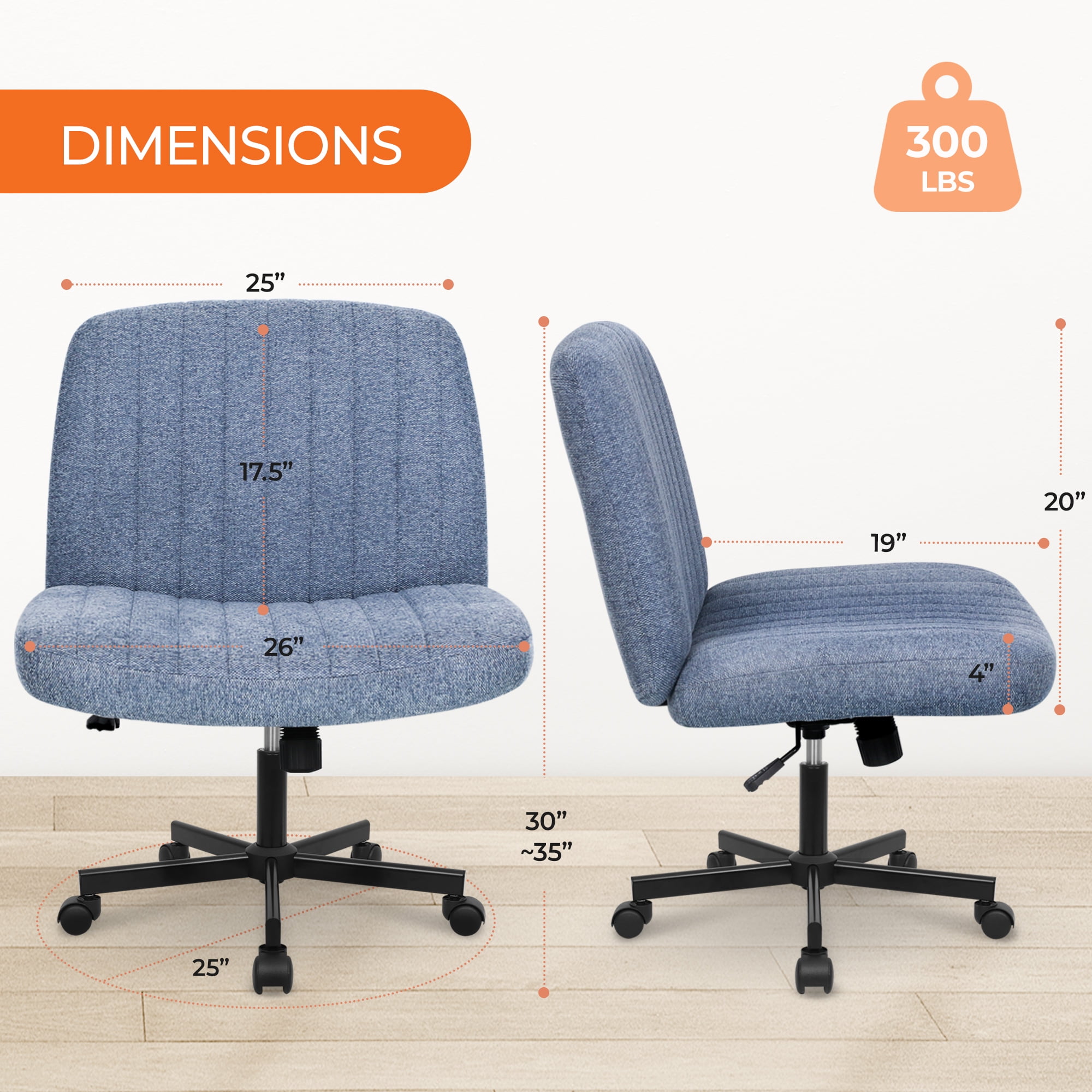 Orange Factory Criss Cross Chair Wheels Wide Cross Legged Office Desk Vanity Chair Comfy Fabric Armless Adjustable Swivel for Home Computer Task (Blue Wheel, Fabric)