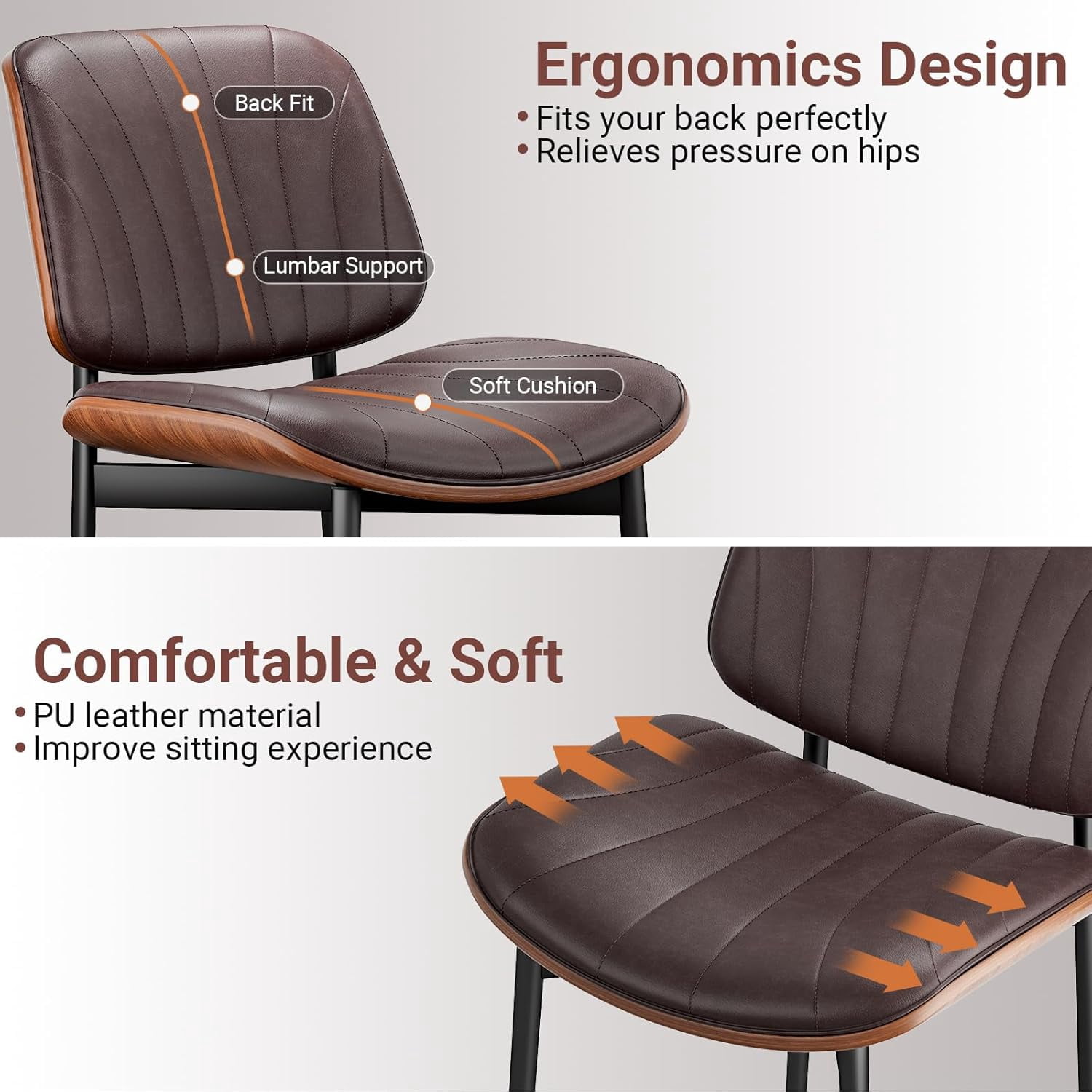 GIKPAL Dining Chairs Set of 2 PU Faux Leather Walnut for Mid-Century Modern Kitchen & Dining Room,Brown
