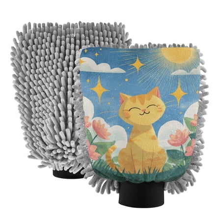 Microfiber Car Wash Gloves With Chenille & Polyester Terry Scratch-Free Cleaning Elastic Cuffs Cute Cat