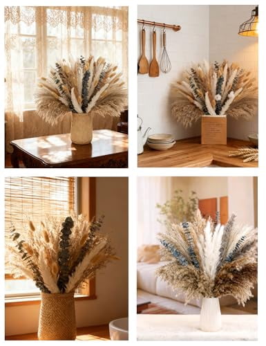 120 PCS Dried Pampas Grass Bouquet, Natural Reed Grass and Dried Flowers for Boho Wedding, Home Table, Rustic Farmhouse Decor (Light Brown)