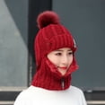 thumbnail image 4 of Bibifish Womens Red Knit Trapper Hat Pom-Pom & Zipper Mask Warm Soft One-Piece Casual Winter Outdoor Cold-Weather Protective Hat, 4 of 7