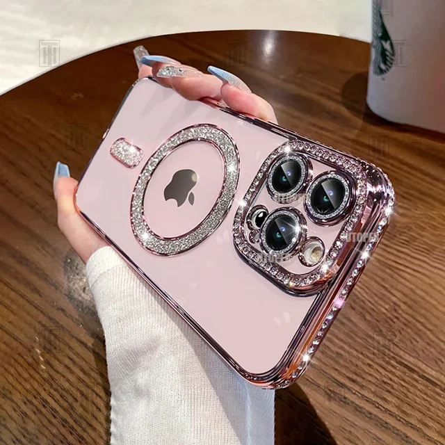 High-grade Glitter Rhinestones Phone Case For iPhone 16 15 11 12 13 14 Pro Max 16 Plus Magsafe Magnetic Clear Lens Protect Cover Pink For iPhone 15 ProMax