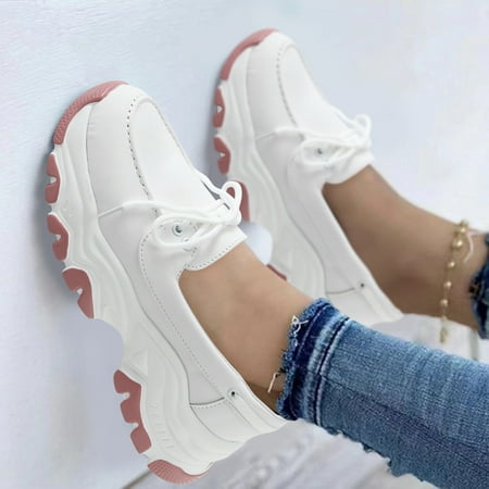 

Feiboyy Fashion All Season Women Sports Shoes Flat Bottom Non Slip Thick Bottom Platform Waterproof Upper Slip On Lace Up Comfortable Solid Color Casual Style
