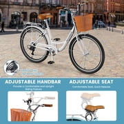 Lilypelle 24/26inch Beach Cruiser Bicycle for Women, 7 Speed Step Through Adult Commute Bike with Basket & Rack,White