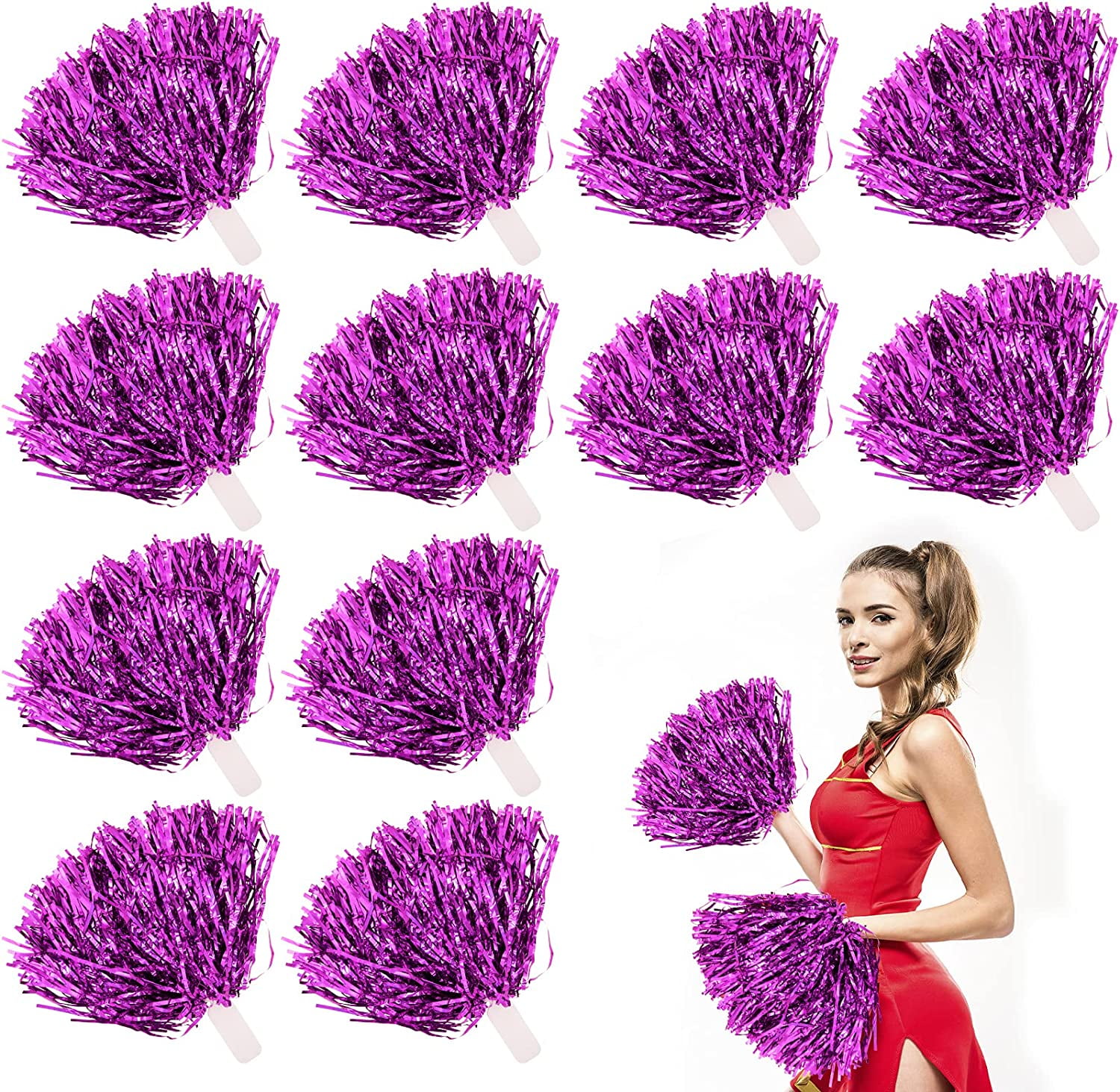 LINLIN 12Pcs Metallic Cheerleading Pom Poms with Cozy Handle, Adorable Cheerleader Pompoms Hand Flowers for Kids Adults Ball Dance Sports Team Spirit Cheering Fancy Dress Night Party