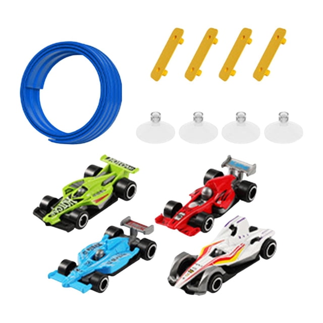 Bunblic Piste de Course Flexible, Ventouses Solides de 13,12 Pi Piste de Course Pliable Enroulable avec 4 Mini Modèles de Voitures pour Enfants Bleu