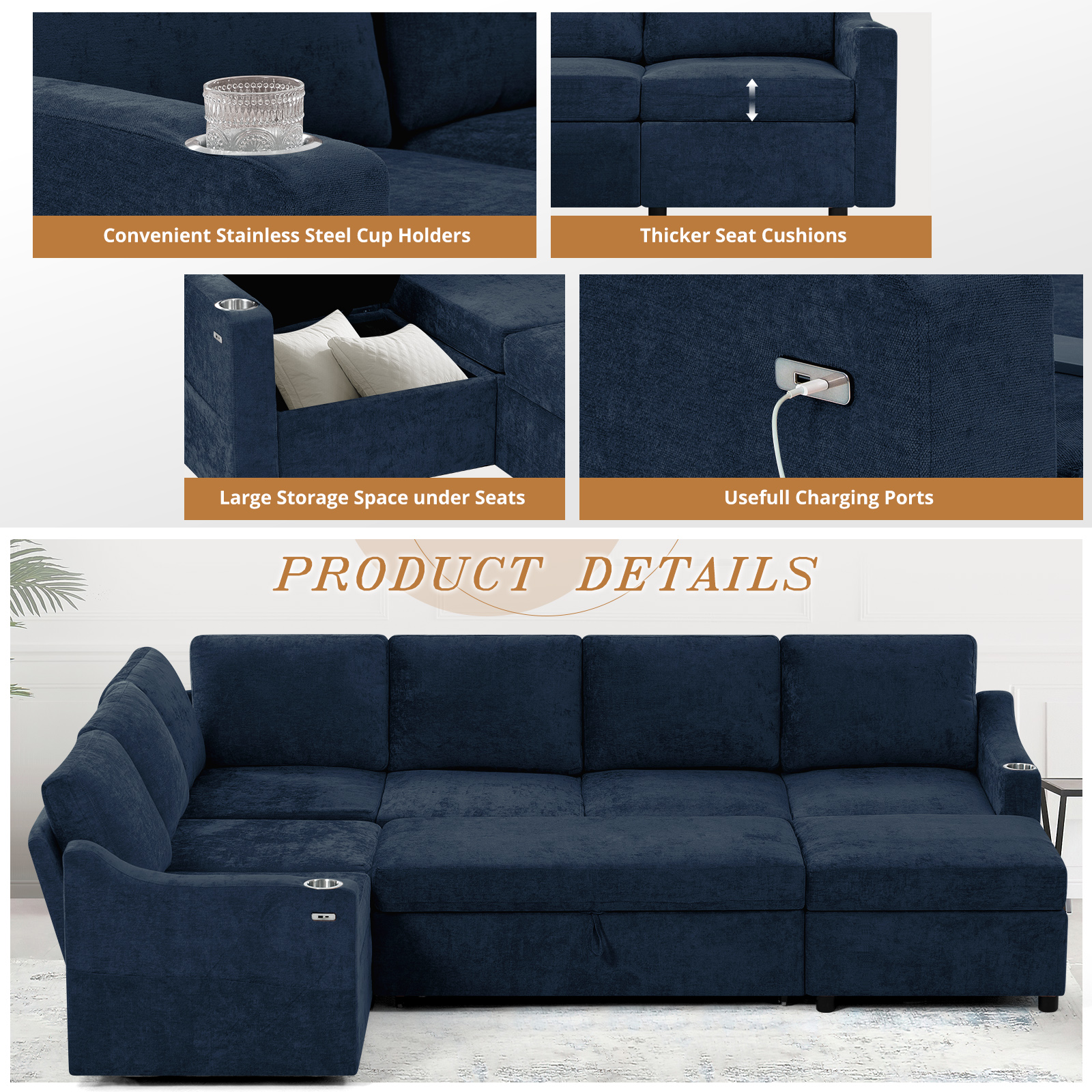 ACMEASE 116 Inches Chenille Sectional Couch w/Adjustable Backrests & Ottoman, Convertible U Shape Sleeper Sofa w/USB Ports, Modular Corner Sofa w/Pull-Out Bed & Storage Space for Living Room, Blue