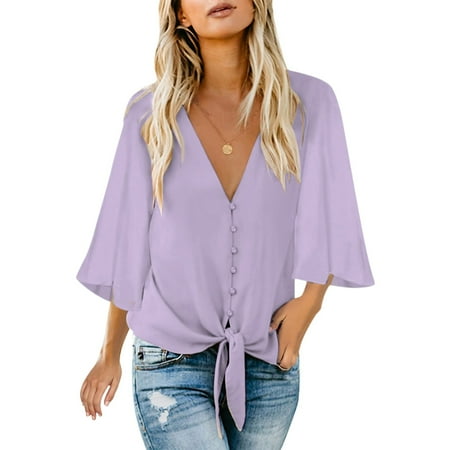 

JDEFEG Pajama Tops Women s Casual V Neck Tops 3/4 Sleeve Tie Knot Blouses Solid Button Shirts Modern Blouses for Women 2017 Polyester Purple Xl