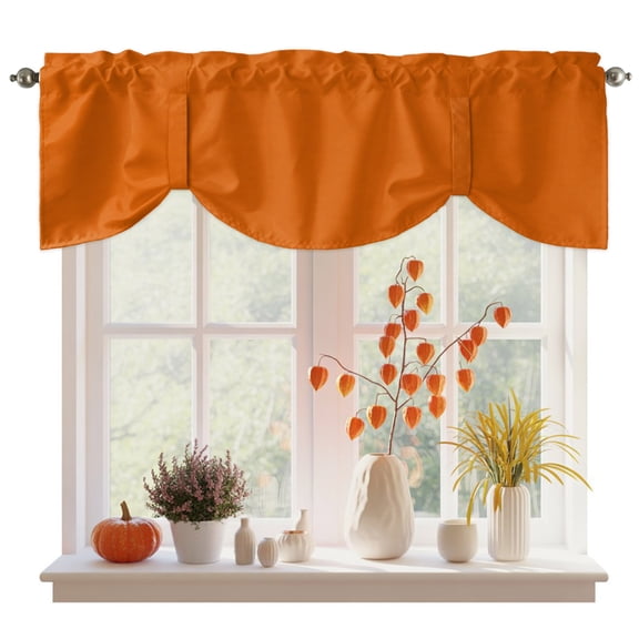 Burnt Orange Tie Up Valance Curtains for Windows, Kitchen Curtains Window Treatments, Country Modern Farmhouse Solid Fall Orange Short Window Shades Valances for Bedroom Bathroom Cafe 42"x18"