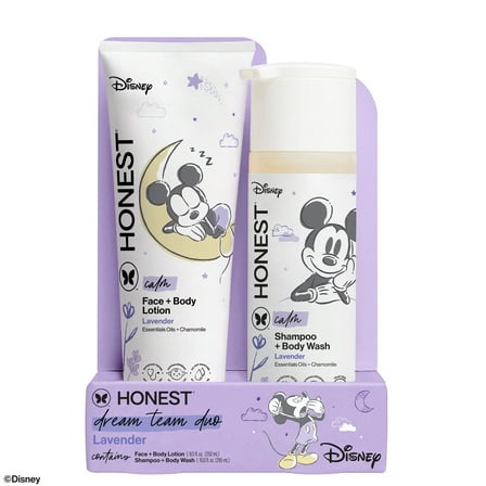 The Honest Company 2-in-1 Cleansing Shampoo   Body Wash and Face   Body Lotion Bundle   Disney Design | Gentle Enough for Baby | Dermatologist Tested | Lavender Calm