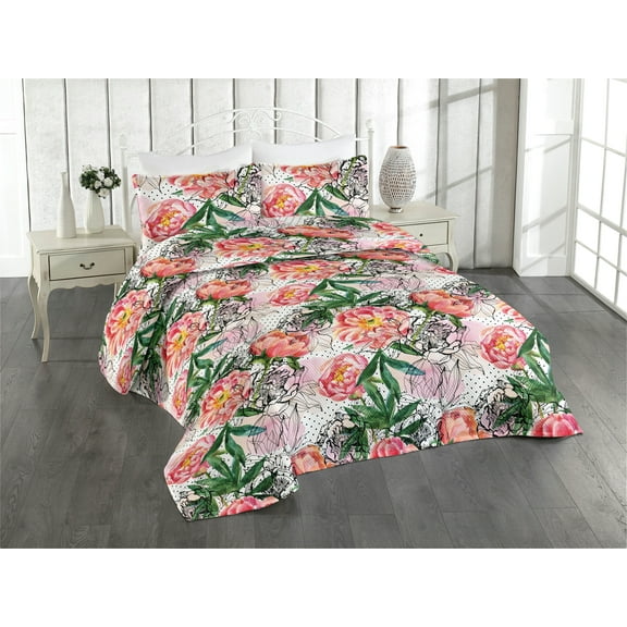 Ambesonne Peony Quilted Bedspread Set 3 Pcs, Floral Vintage Leafy Design, King, Forest Green Dark Coral