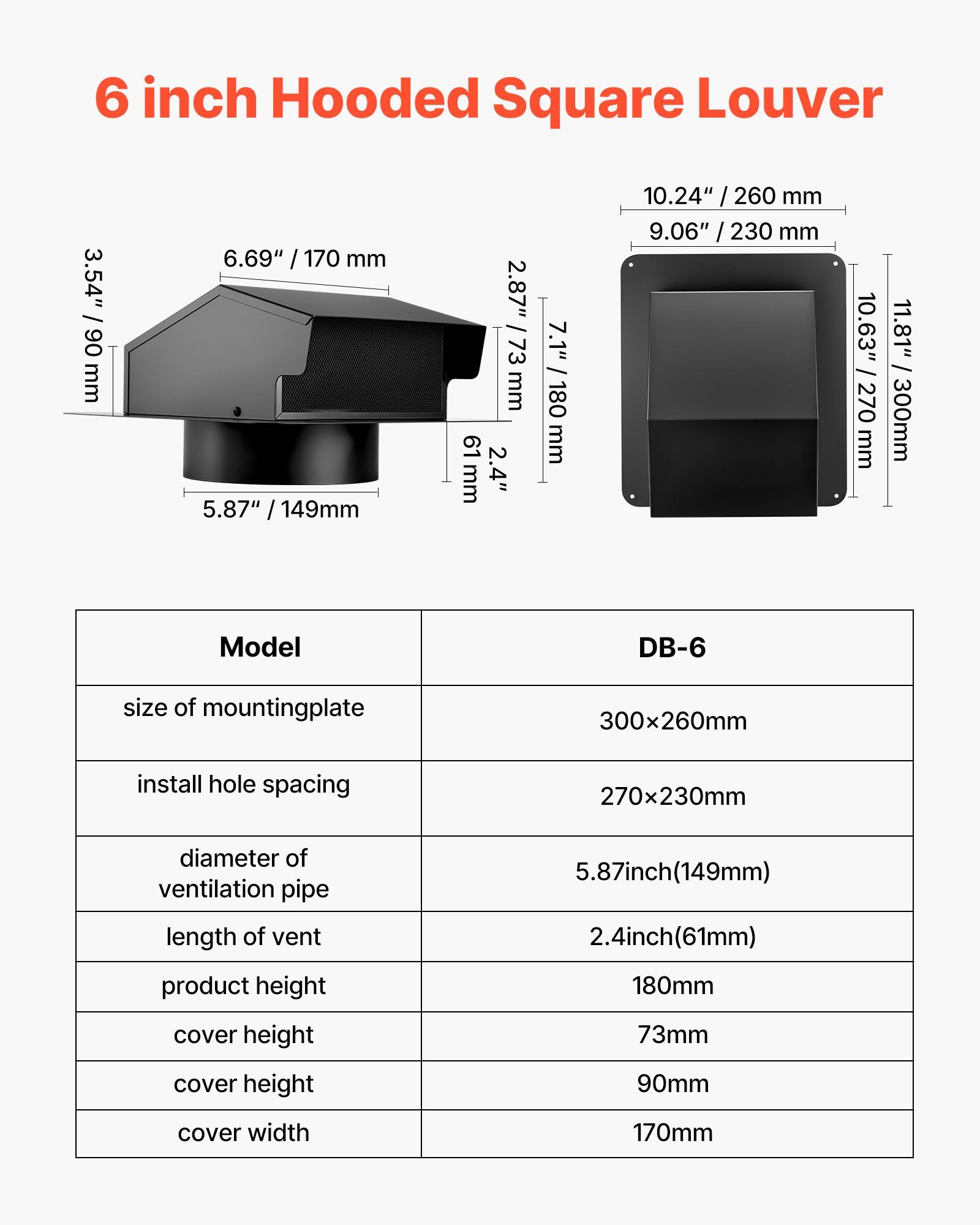 6 Inch Hooded Wall Vent Cover, SPCC Steel Roof Exhaust, Durable Rainproof Flap, Protective Mesh, Easy Wall Installation, Compatible with Flexible or Rigid Ducts, Ideal for Dryers, Bathrooms
