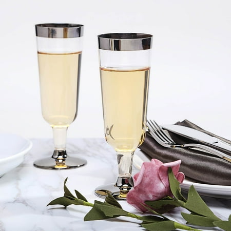 

Efavormart Set of 12 - 6oz Disposable Plastic Champagne Flutes - Silver Rimmed Design - Detachable Base for Weddings Birthdays Parties Receptions Banquets Baby Showers Drinkware Events