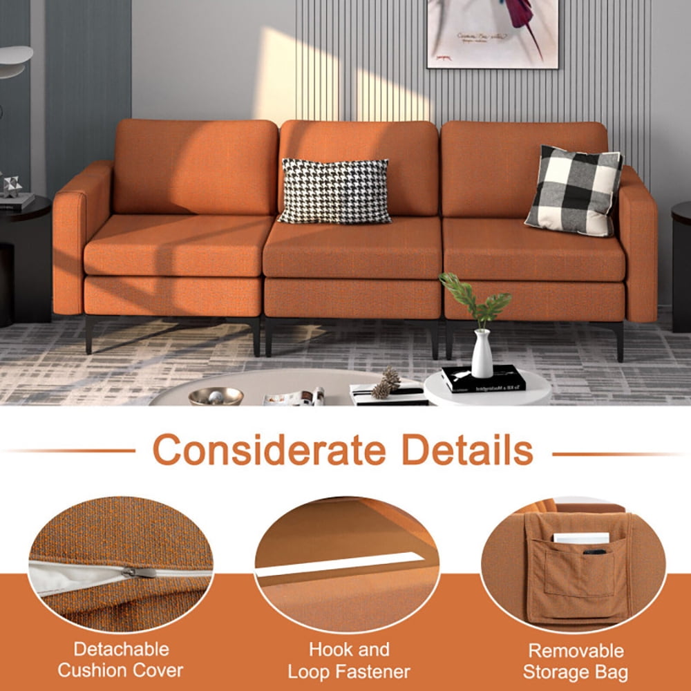 Finihen Sectional Sofa Couch, 3-Seat Sectional Sofa Couch with Armrest Magazine Pocket and Metal Leg, for Living Room, Bedroom, Orange Finihen Sectional Sofa Couch, 3-Seat Sectional Sofa Couch with Armrest Magazine Pocket and Metal Leg, for Living Room, Bedroom, Orange