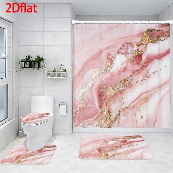 Pink Marble with Gold Veins Shower Curtain Set with 12 Hooks, Rugs and Accessories